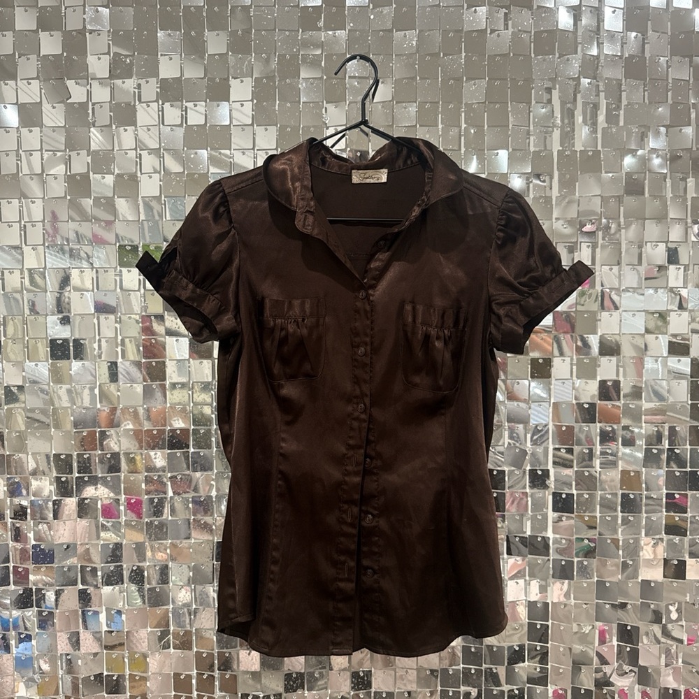 Vintage Chocolate Brown Satin Button-Up Top